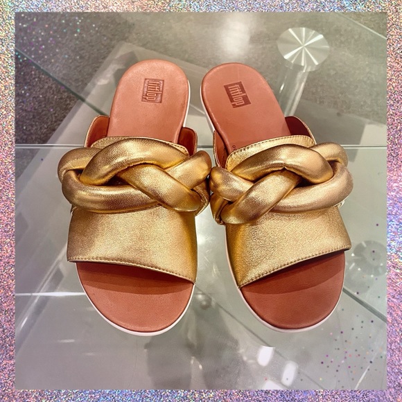 NWT FitFlop gold REAL leather Artisan FITFLOP braid front knot slides podiatric - Picture 4 of 16